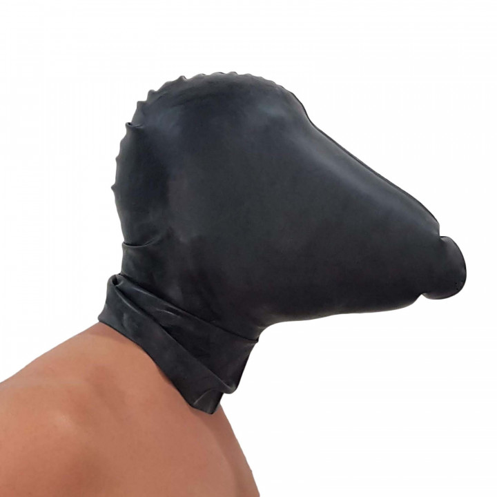 Black Latex Rebreather Mask Closed Hood Breath Control Rubber Natural Latex