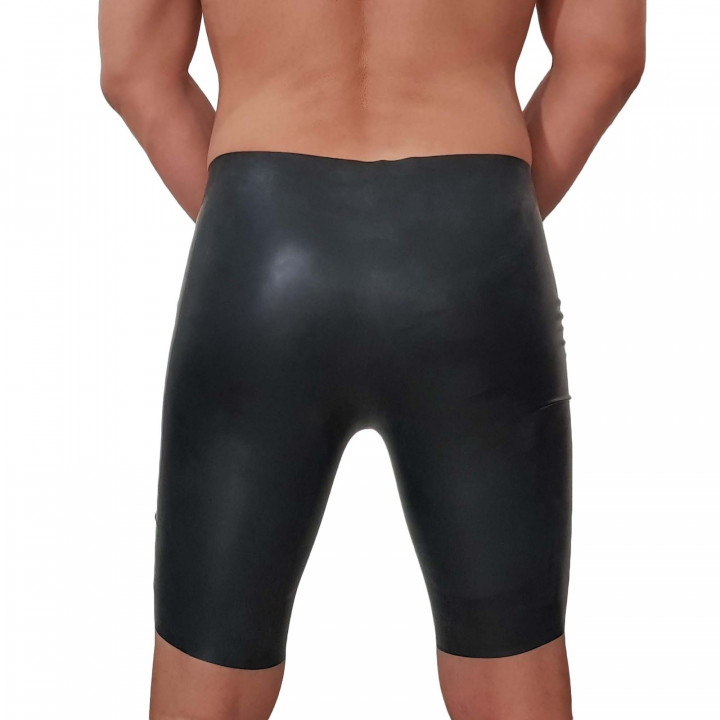 Mens Black Latex Cycling Shorts with Penis Hole Open Front Rubber Shorts Latex