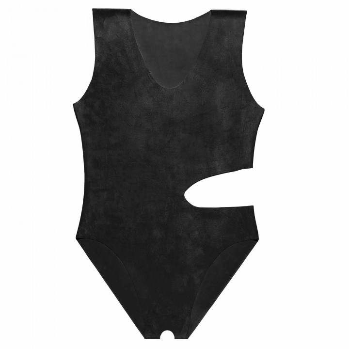 Womens Black Latex Bodysuit Cut Out Waist Open Crotch Leotard Natural Latex