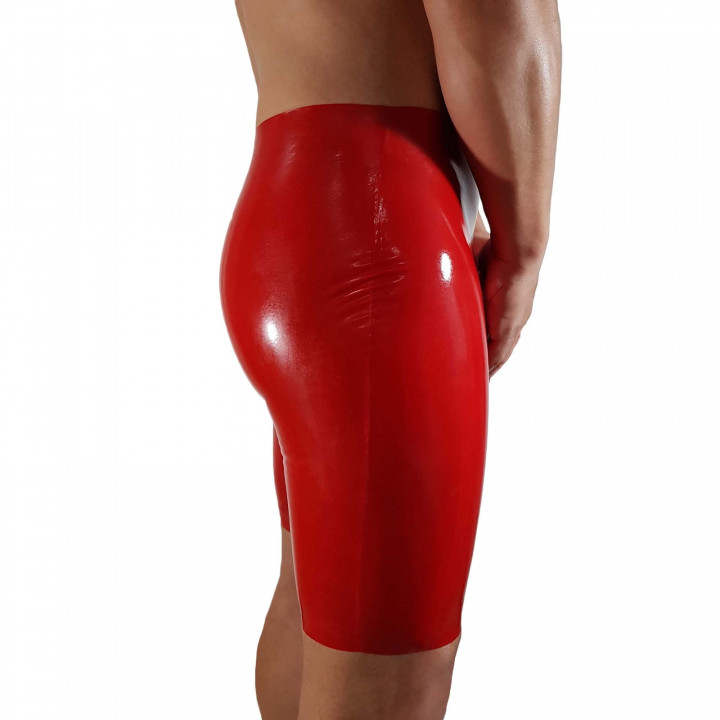 Mens Red Latex Cycling Shorts with Penis Hole Open Front Rubber Shorts Latex