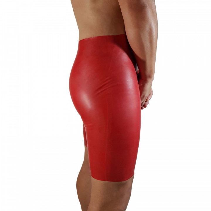 Mens Red Latex Cycling Shorts with Penis Hole Open Front Rubber Shorts Latex
