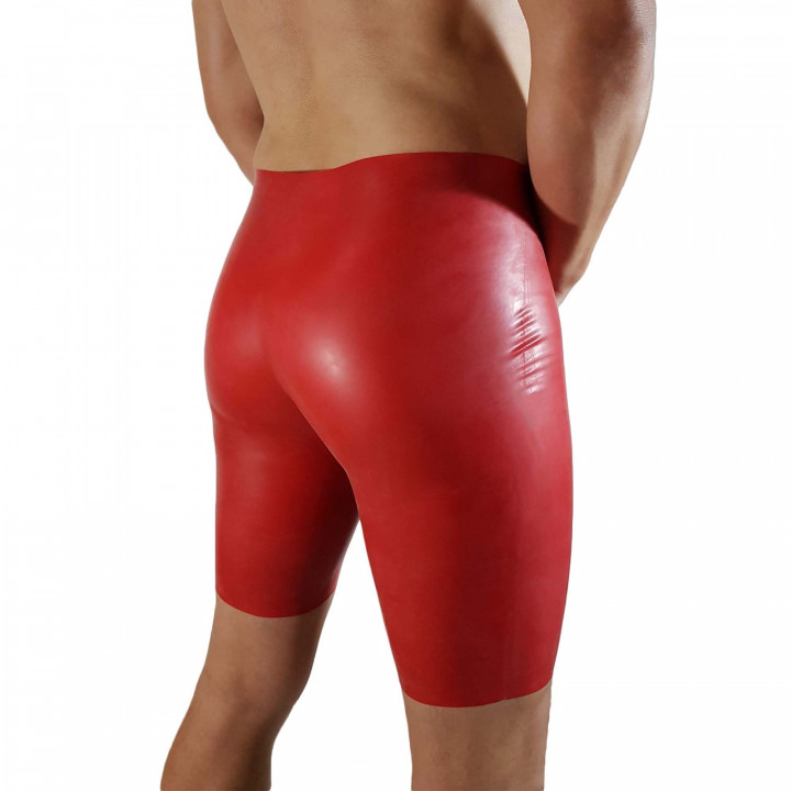 Mens Red Latex Cycling Shorts with Penis Hole Open Front Rubber Shorts Latex