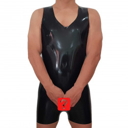 Mens Black Latex Crotchless Short Catsuit Open Crotch Playsuit Natural Latex