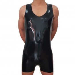 Black Latex Short Catsuit Sleeveless Playsuit Rubber Body Suit Natural Latex