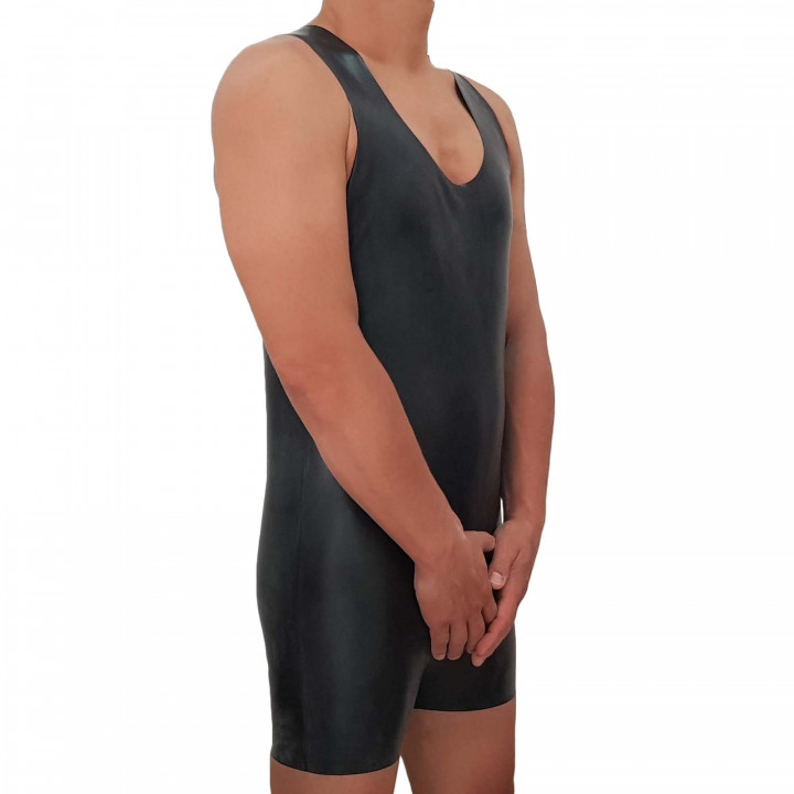 Black Latex Short Catsuit Sleeveless Playsuit Rubber Body Suit Natural Latex