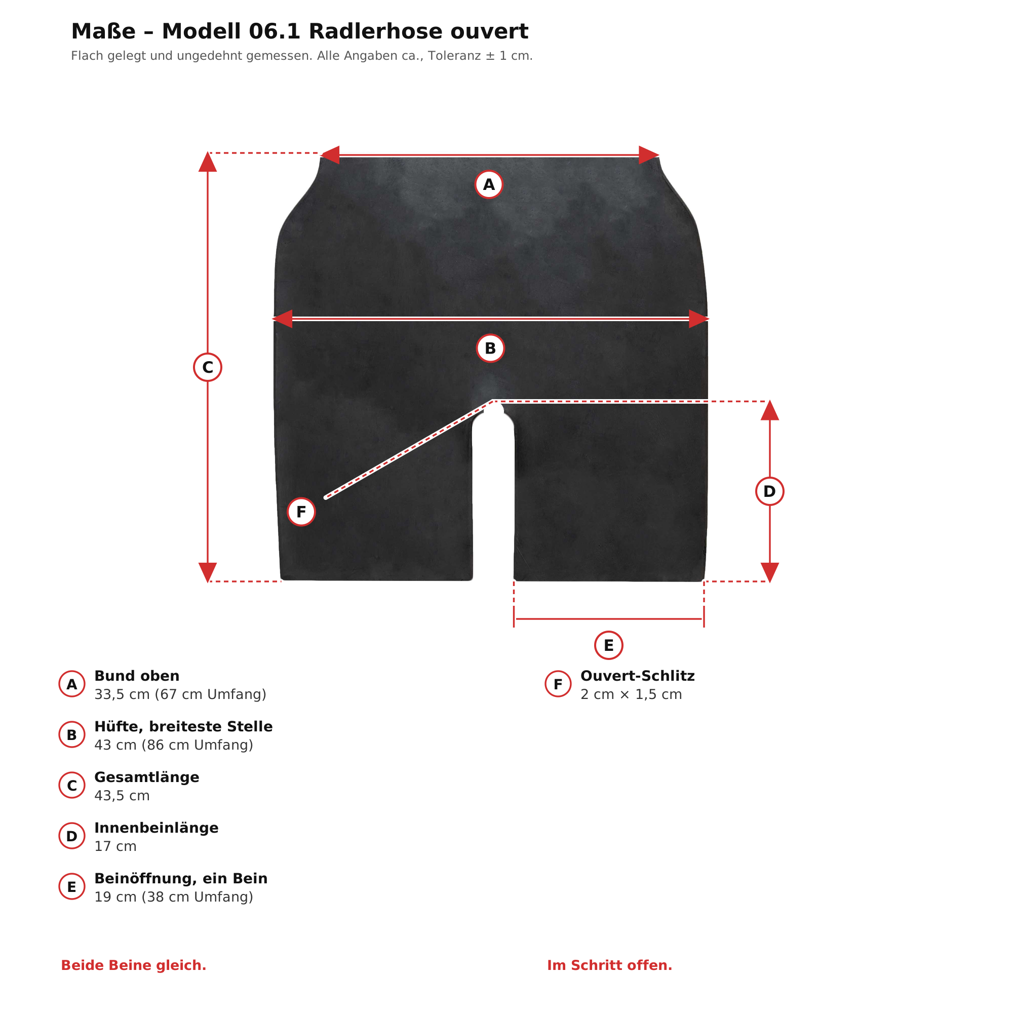 Maßblatt – Latex-Radlerhose Ouvert Schwarz Damen Naturlatex Gummi Einheitsgröße