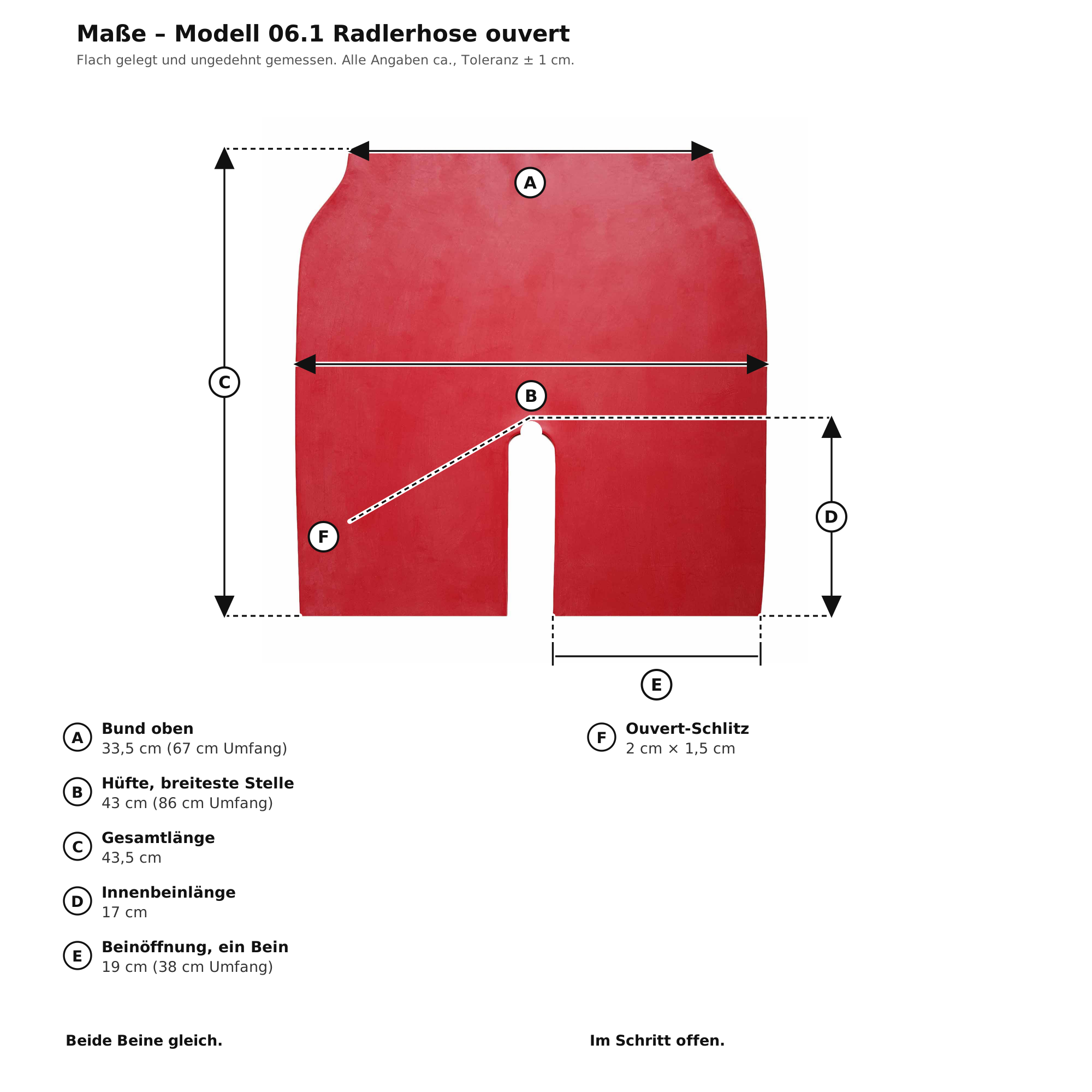Maßblatt – Latex-Radlerhose Ouvert Rot Damen Naturlatex Gummi Einheitsgröße