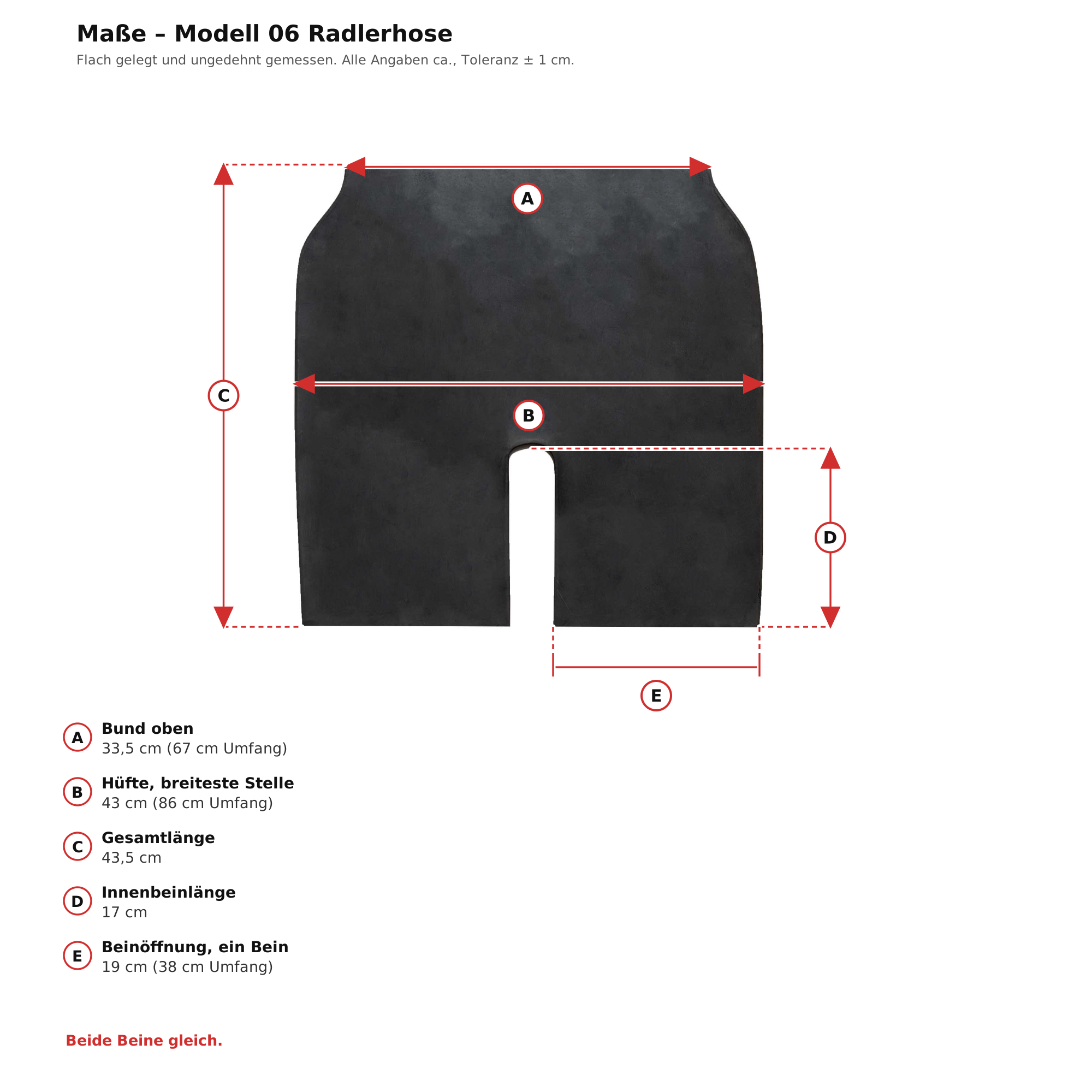 Maßblatt – Latex-Radlerhose Schwarz Unisex Naturlatex Gummi Einheitsgröße