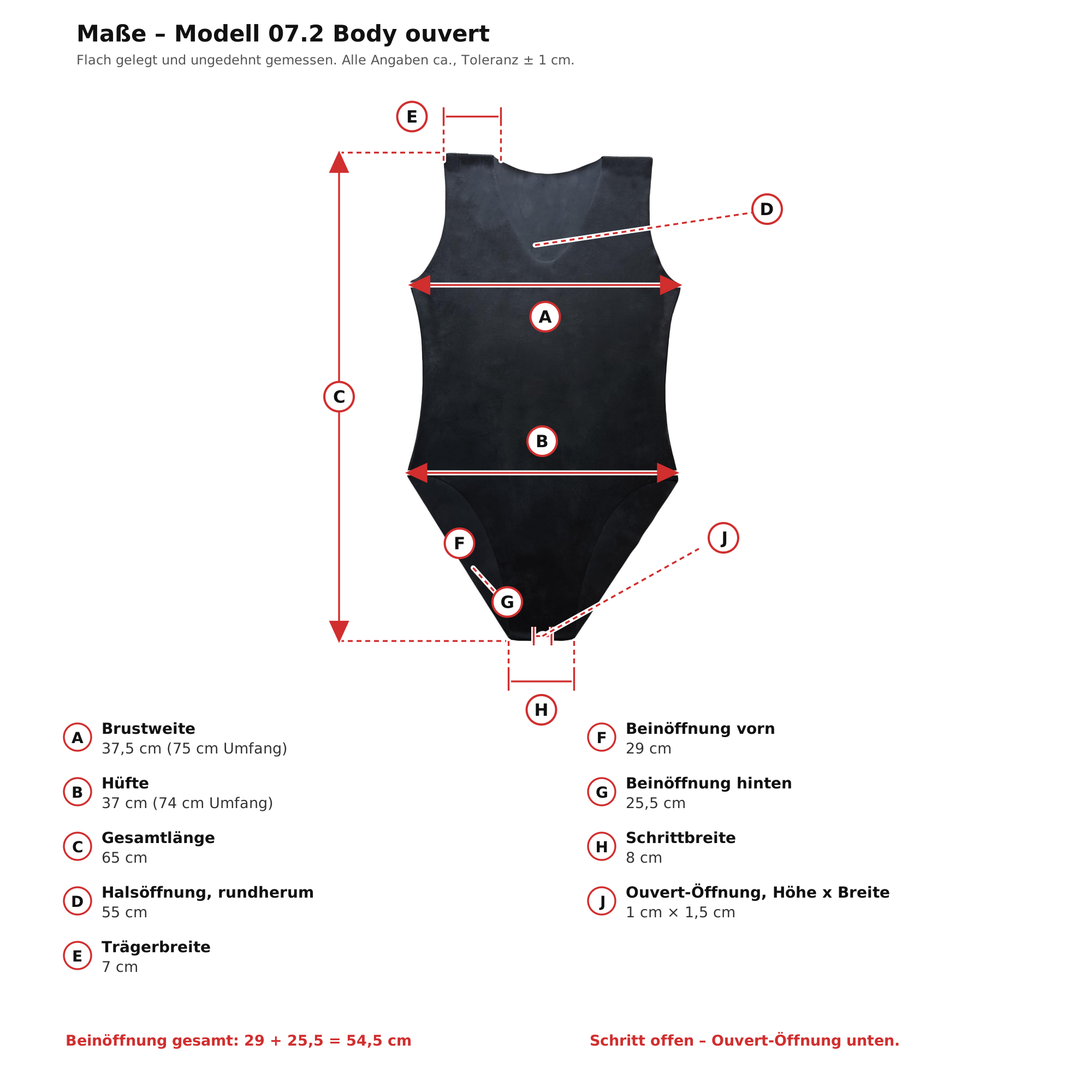 Maßblatt – Latex-Body Ouvert Schwarz Damen Naturlatex Gummi Einheitsgröße
