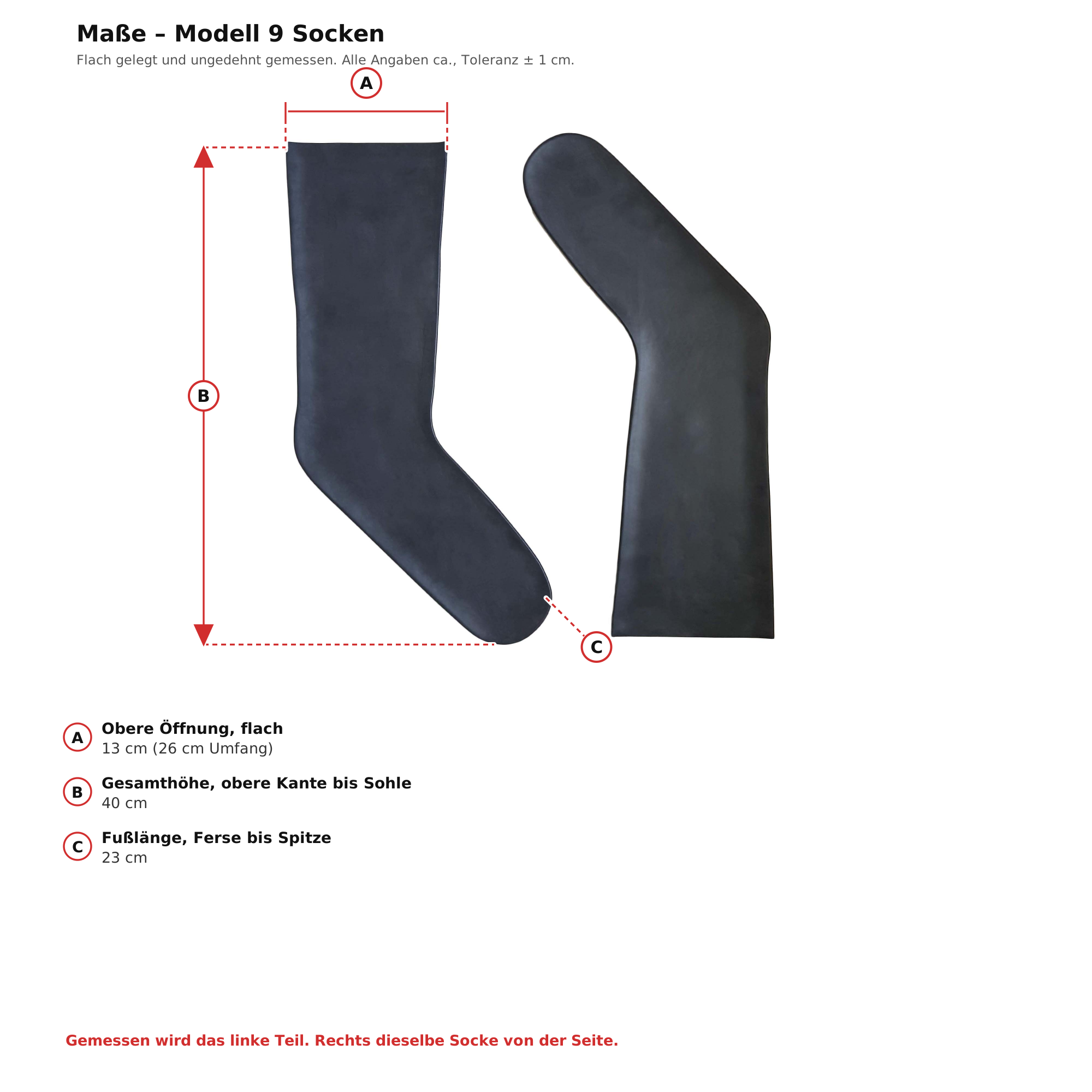 Maßblatt – Latex-Socken Schwarz Unisex Naturlatex Gummi Einheitsgröße