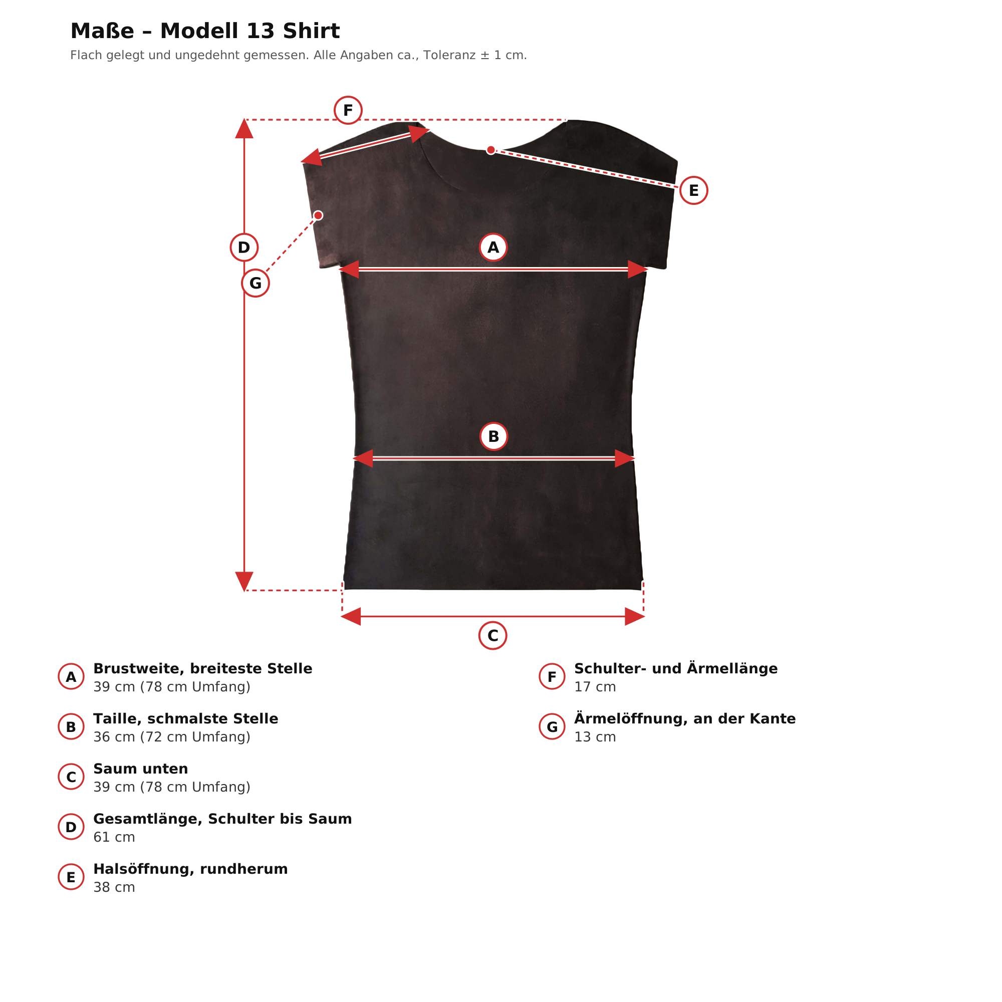 Maßblatt – Latex-T-Shirt Schwarz Unisex Naturlatex Gummi Einheitsgröße
