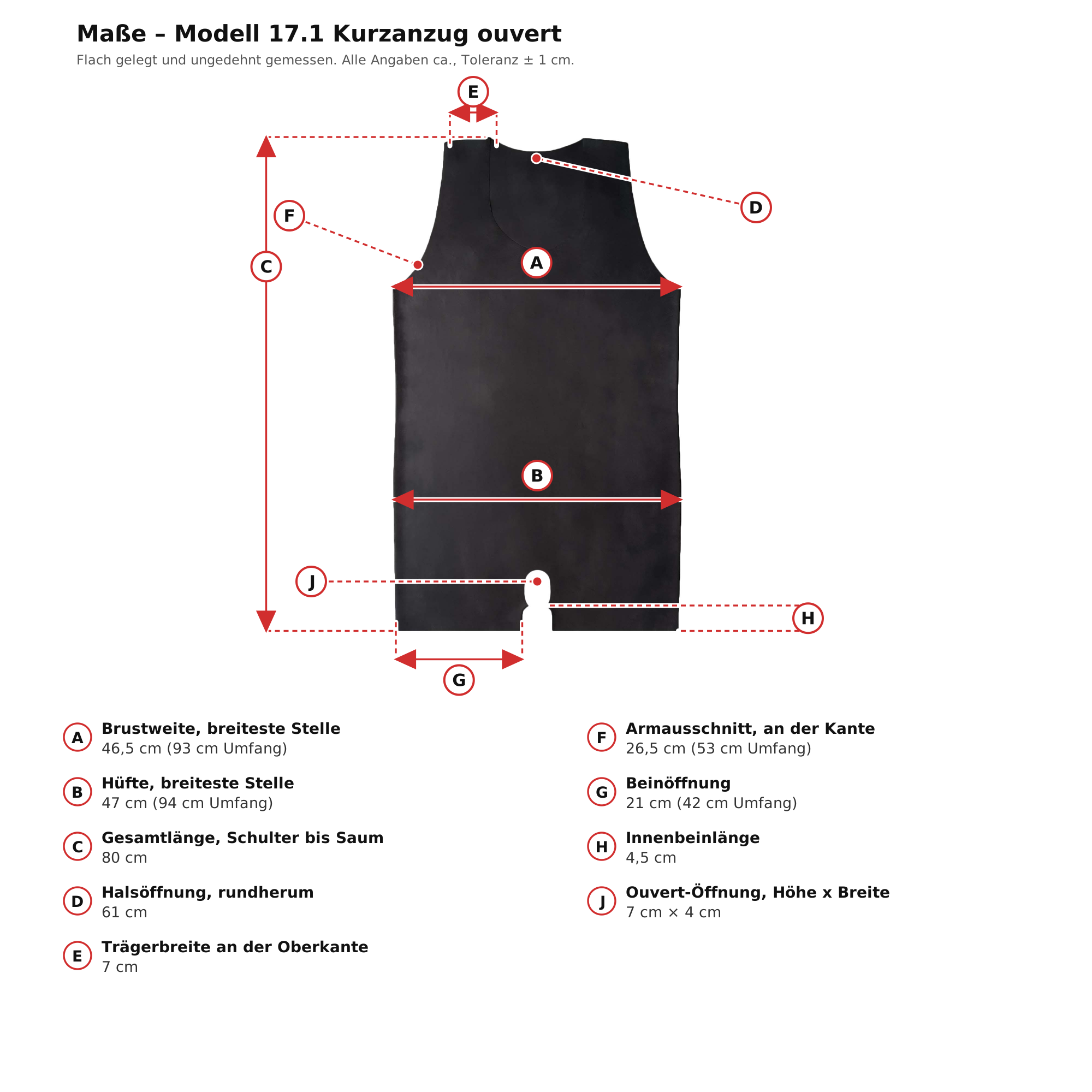 Maßblatt – Latex-Kurzanzug ärmellos Ouvert Schwarz Herren Naturlatex Gummi Einheitsgröße
