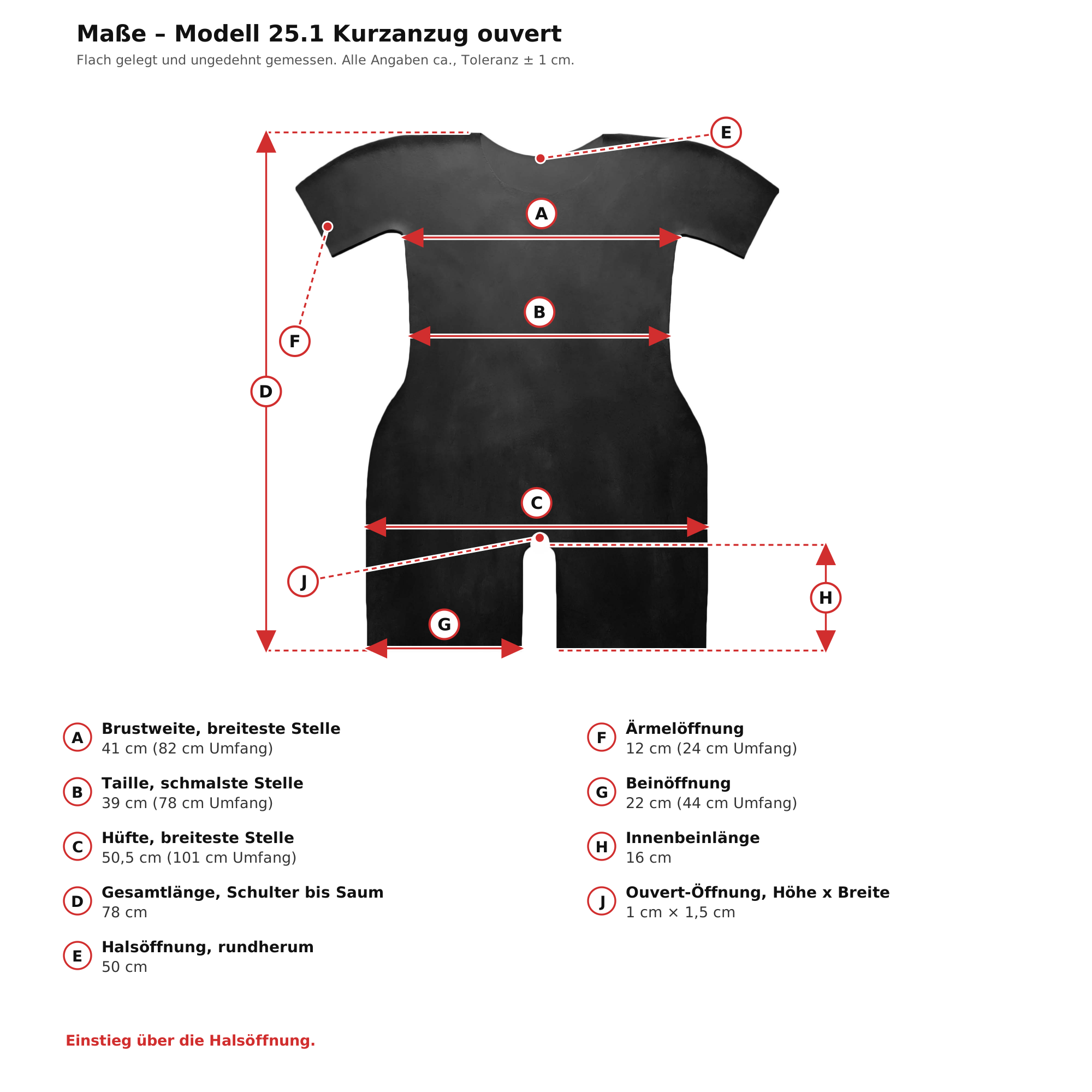 Maßblatt – Latex-Kurzanzug kurze Ärmel Ouvert Schwarz Damen Naturlatex Gummi Einheitsgröße