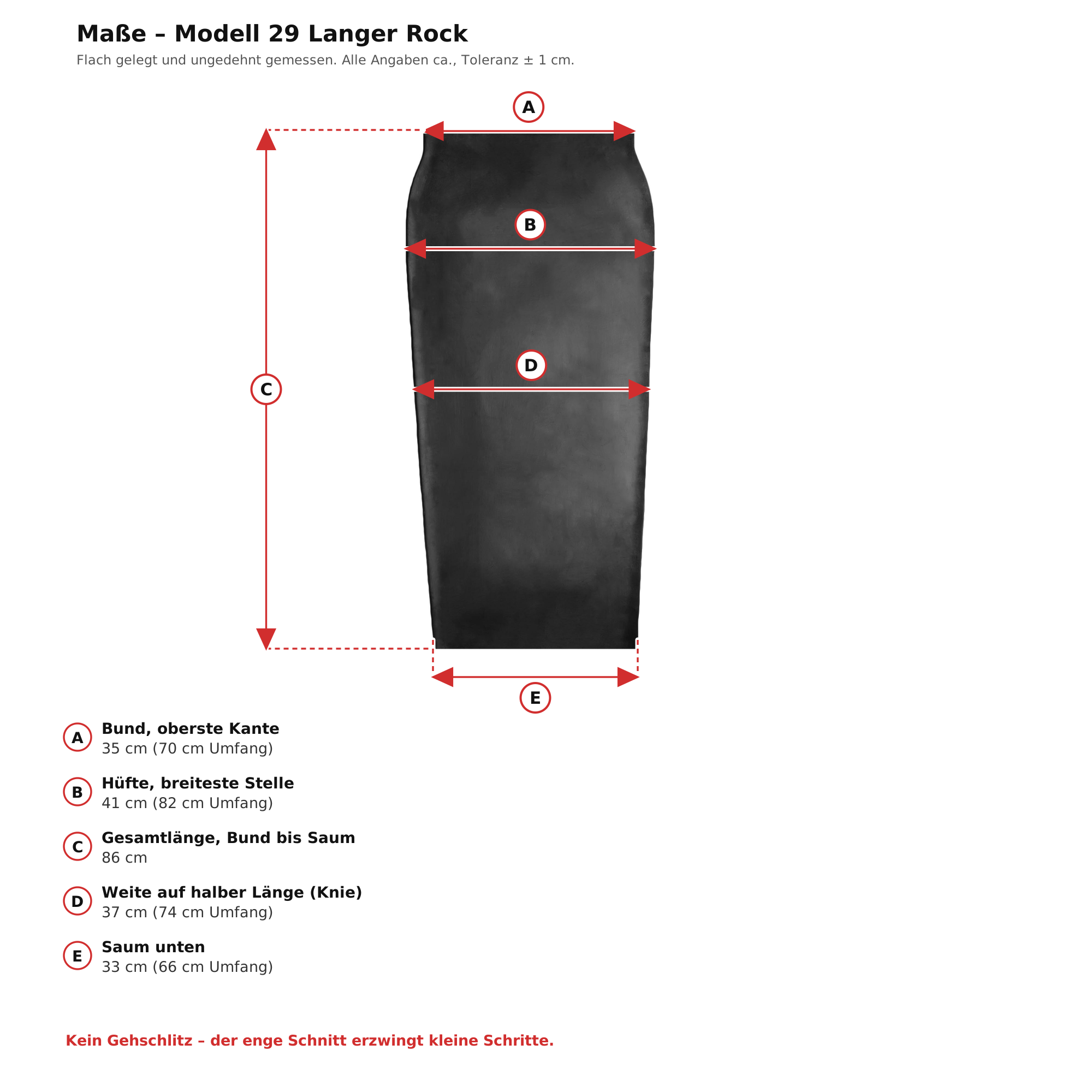 Maßblatt – Latex-Humpelrock Schwarz Damen Naturlatex Gummi Einheitsgröße