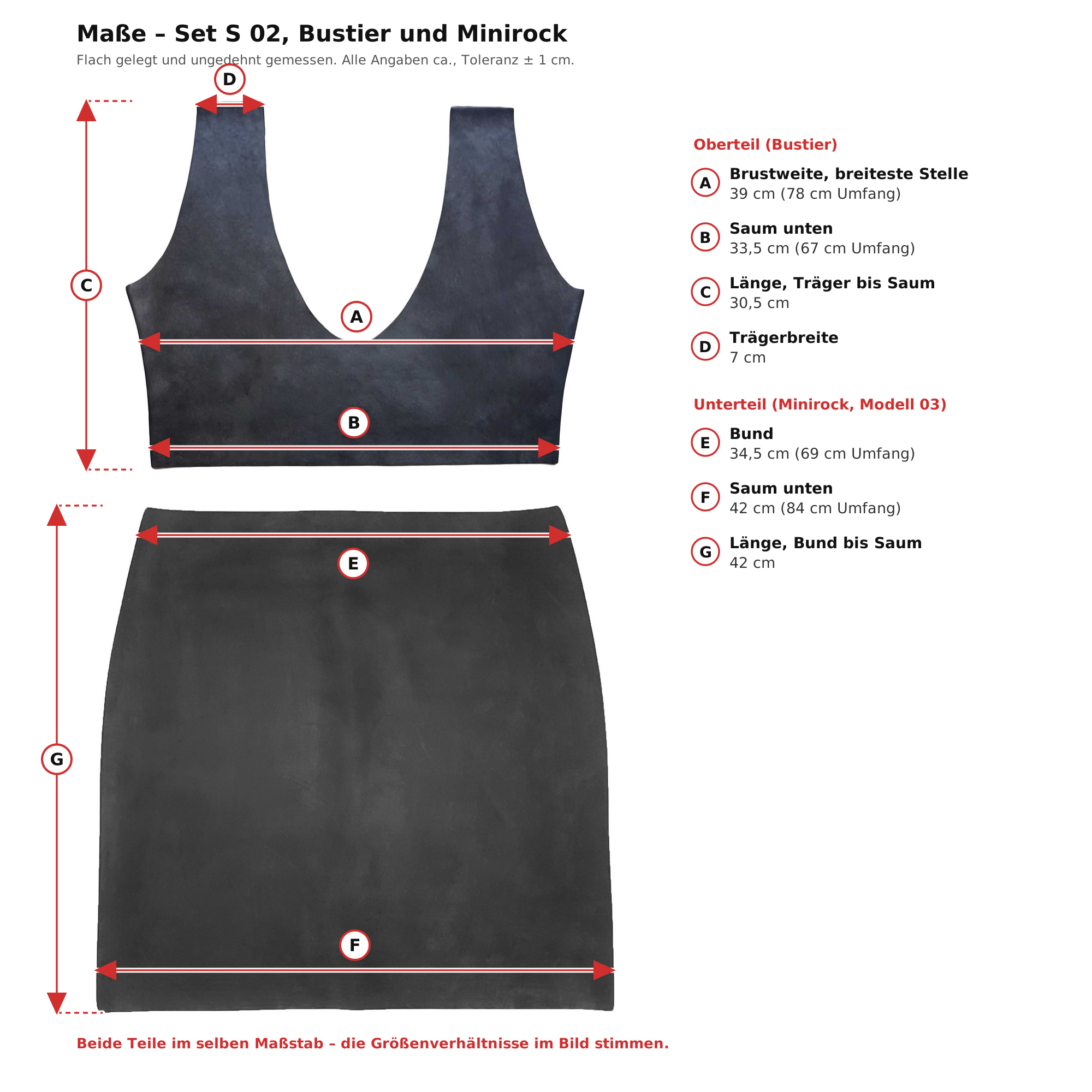 Maßblatt – Latex-Set Bustier und Minirock Schwarz Damen Naturlatex Gummi Einheitsgröße